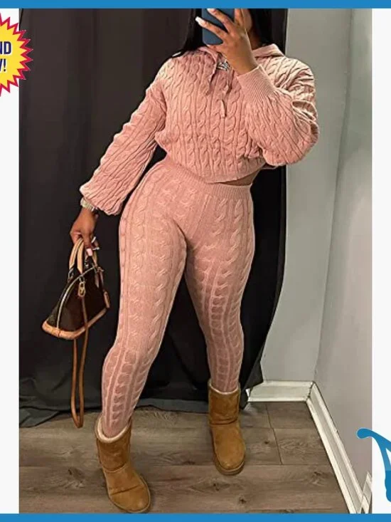 Cable Knit Sweater Set with Hooded Crop Top and High Waist Pants - Picture 2 of 6